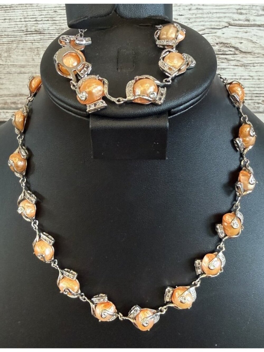Faux Baroque Pearl And Rhinestone Ornate Link Necklace &Bracelet Rhinestones
